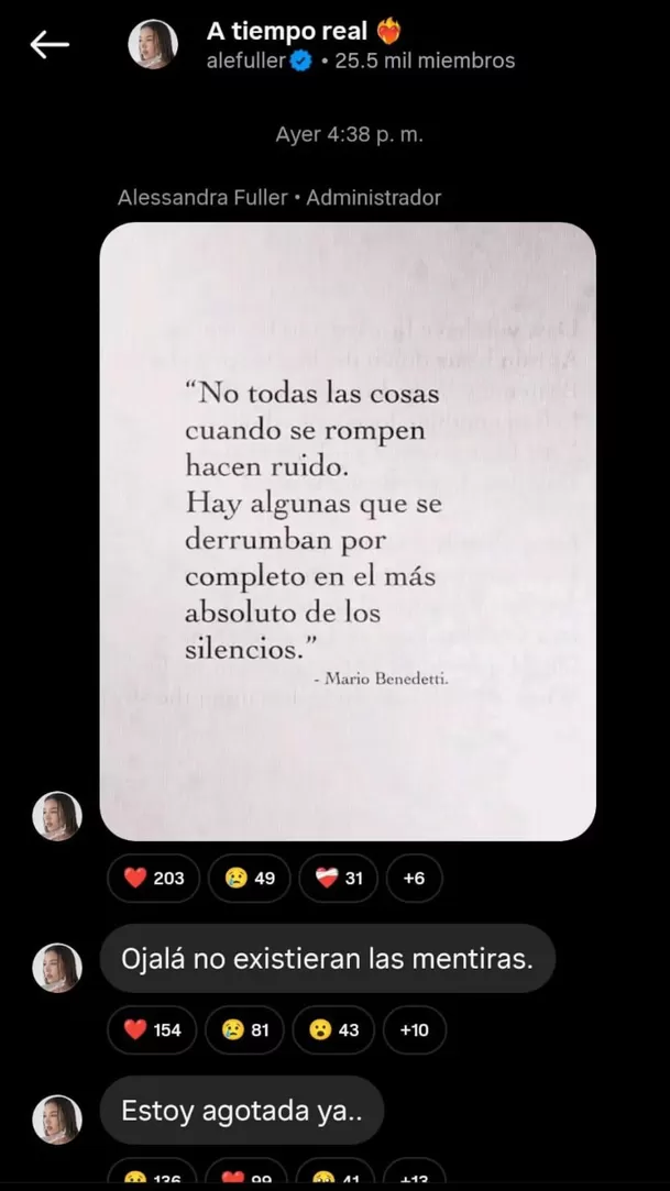 Alessandra Fuller se pronunció a través de Instagram. Foto: Canal de difusión de Alessandra Fuller Alessandra Fuller se pronunció a través de Instagram. Foto: Canal de difusión de Alessandra Fuller