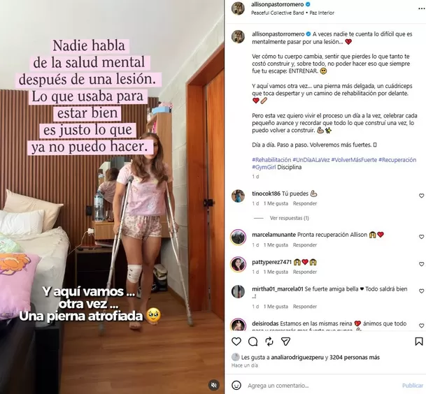 La atleta habló abiertamente del impacto emocional que enfrenta tras su lesión y reconoció que uno de los momentos más difíciles es no poder entrenar, actividad que siempre fue su principal escape Video: Instagram @allisonpastorromero