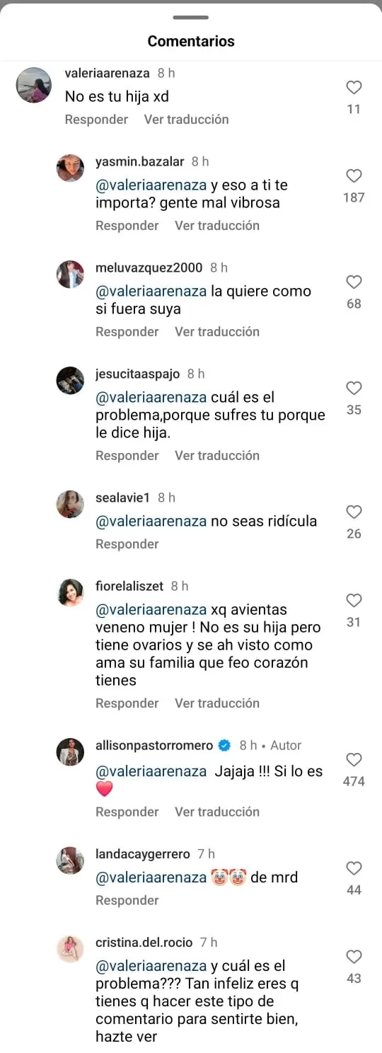 Respuesta de Allison Pastor que la criticó por llamar 'hija' a Flavia Elera. Fuente: Instagram