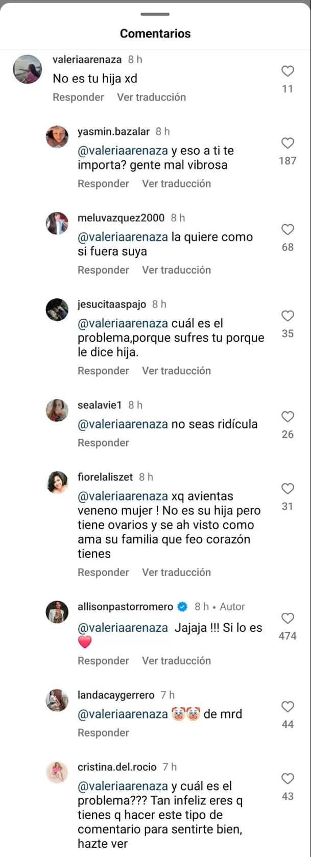 Respuesta de Allison Pastor que la criticó por llamar 'hija' a Flavia Elera. Fuente: Instagram