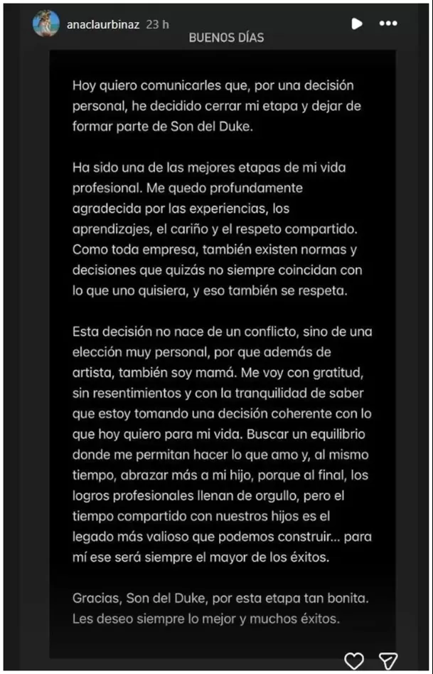 Ana Claudia Urbina explica su salida a Son del Duke / IG: @anaclaurbinaz Ana Claudia Urbina explica su salida a Son del Duke / IG: @anaclaurbinaz