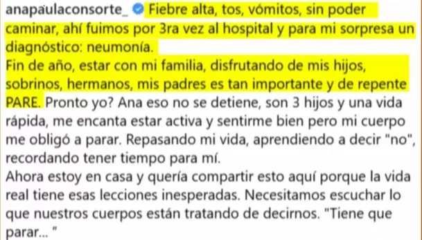 Mensaje de Ana Paula Consorte/Foto: Instagram