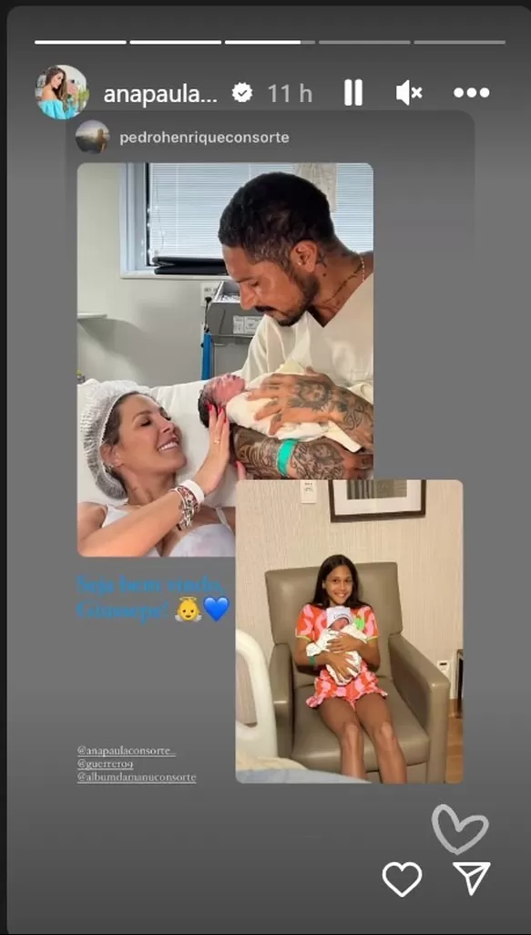 Ana Paula compartió una fotografía en encuentro de Manuela, su hija mayor con su hermanito Giussepe y al lado la imagen de los orgullosos padres del recién nacido/Foto: Instagram