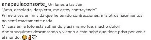 El último lunes por la tarde Ana Paula Consorte causó preocupación al publicar este mensaje que daba cuenta que sufrió una serie de cntracciones que alertaron la posible llegada de su segundo hijo con Paolo Guerrero/Foto: Instagram 