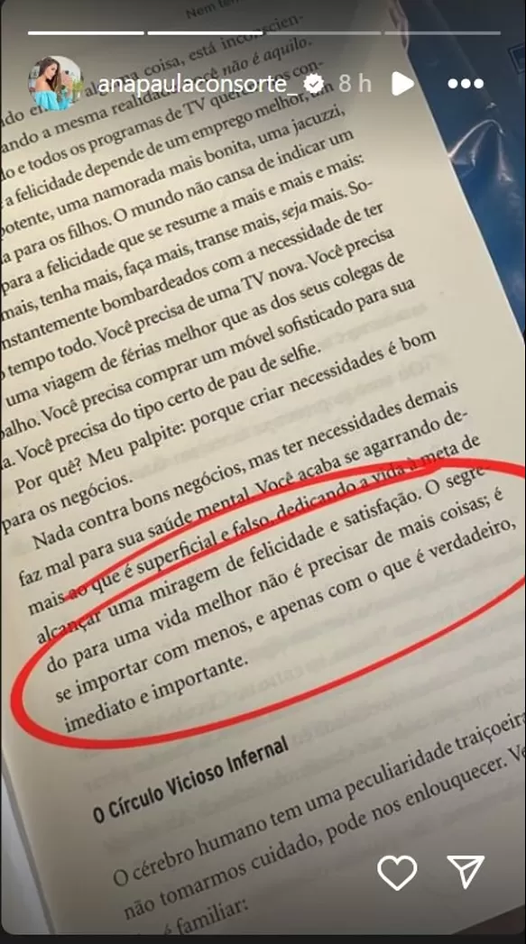 Extracto del libro que lee Ana Paula Consorte/Foto: Instagram