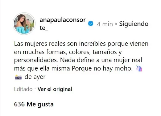 Ana Paula Consorte y su reflexivo mensaje de Instagram/Foto: Instagram