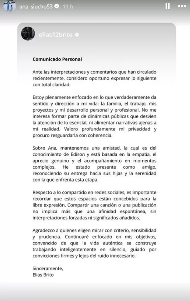 Ana Siucho reposteó el comunicado de Elías Brito / Instagram Ana Siucho reposteó el comunicado de Elías Brito / Instagram