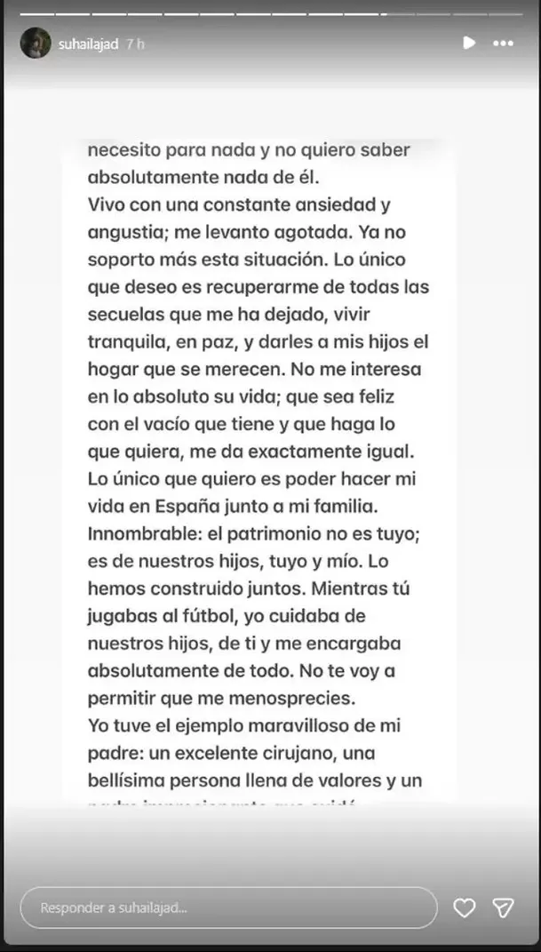 Suhaila Jad expuso supuestos mensajes de André Carrillo tras su separación y cuestionó frases sobre dinero, patrimonio y el aporte que hizo a su familia. Foto: IG @ suhailajad