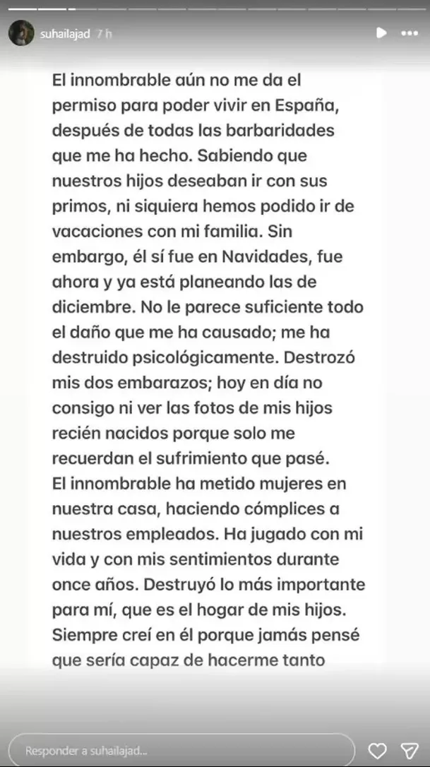 Suhaila Jad expuso supuestos mensajes de André Carrillo tras su separación y cuestionó frases sobre dinero, patrimonio y el aporte que hizo a su familia. Foto: IG @ suhailajad