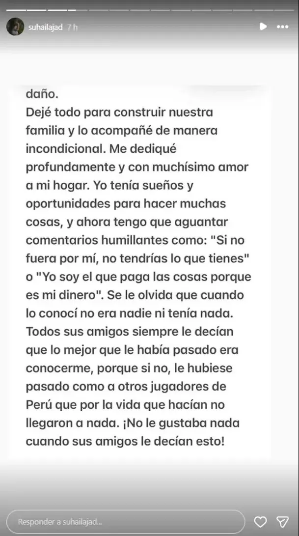 Suhaila Jad expuso supuestos mensajes de André Carrillo tras su separación y cuestionó frases sobre dinero, patrimonio y el aporte que hizo a su familia. Foto: IG @ suhailajad