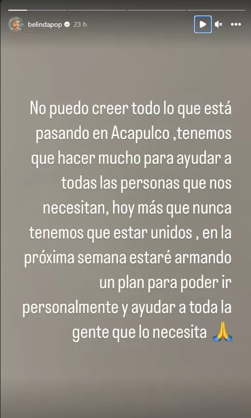 Cantante Belinda llevará ayuda a los damnificados tras paso de huracán Otis. Foto: Instagram