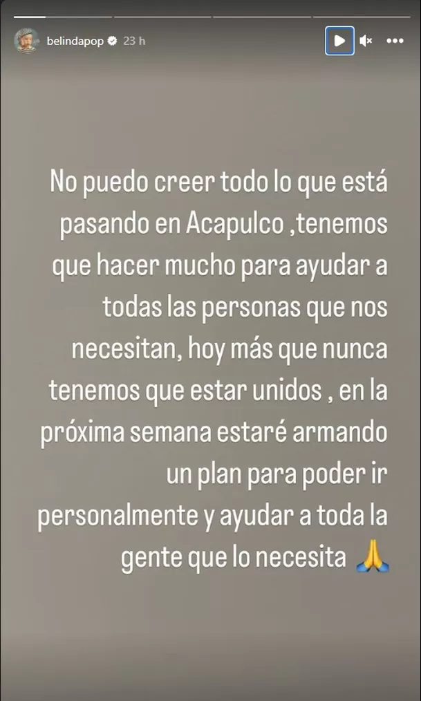 Cantante Belinda llevará ayuda a los damnificados tras paso de huracán Otis. Foto: Instagram