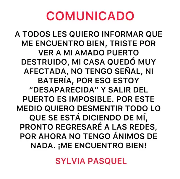 Sylvia Pasquel informó que se encuentra bien tras paso de huracán Otis. Foto: Instagram