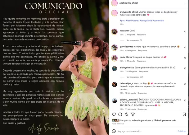 Anely Dávila anunció que deja La Bella Luz por motivos personales y agradeció a sus compañeros/ Captura Anely Dávila anunció que deja La Bella Luz por motivos personales y agradeció a sus compañeros/ Captura