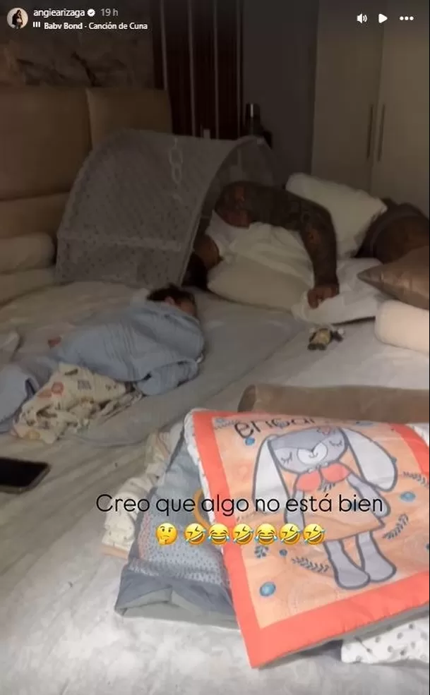 Jota Benz se adueño del espacio de su hijo Matteo Alessandro en la cama. Fuente: Instagram