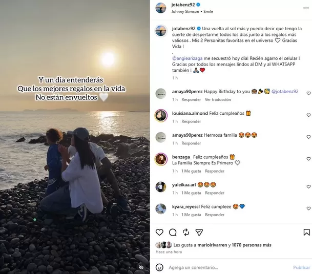 Jota Benz celebró sus 34 años rodeado de Angie Arizaga y su pequeño hijo. Sin embargo, sorprendió al revelar que su pareja lo mantuvo alejado del celular durante toda la celebración, por lo que recién horas después pudo agradecer los saludos que recibió. Foto: IG @jotabenz92 Jota Benz celebró sus 34 años rodeado de Angie Arizaga y su pequeño hijo. Sin embargo, sorprendió al revelar que su pareja lo mantuvo alejado del celular durante toda la celebración, por lo que recién horas después pudo agradecer los saludos que recibió. Foto: IG @jotabenz92