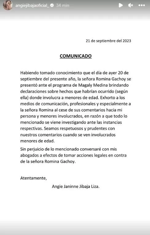 Comunicado de Angie Jibaja sobre demanda en contra de Romina Gachoy / Instagram