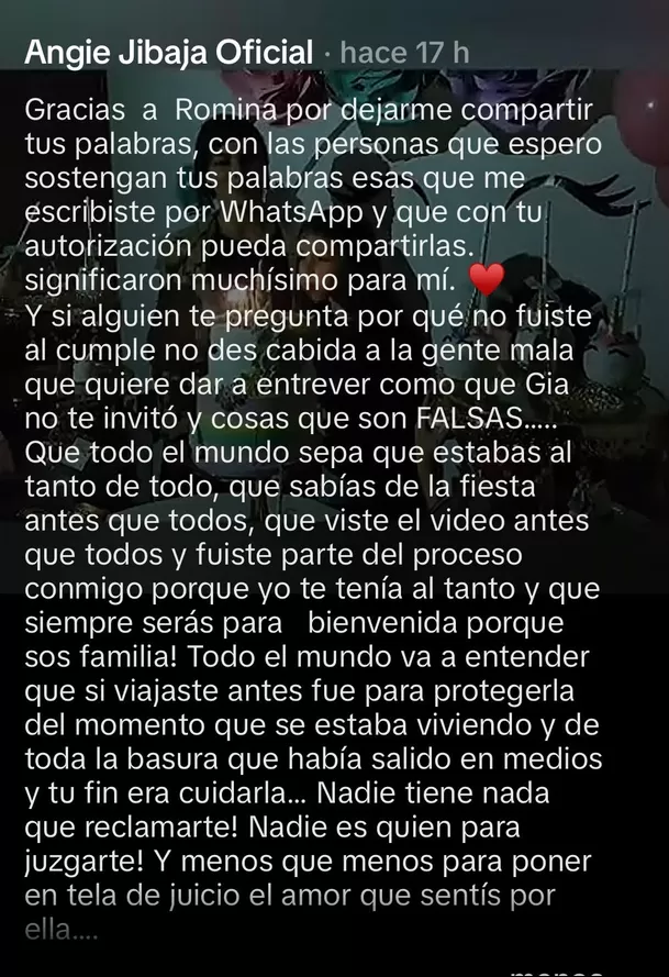 Angie Jibaja revela por qué no asistió a 15 años de su hija y muestra mensaje de Romina Gachoy / TikTok