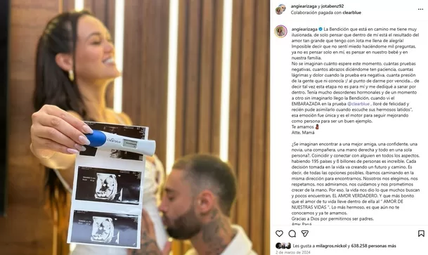 Angie Arizaga y Jota Benz anunciaron la llegada de su bebé en marzo de 2024 / Instagram