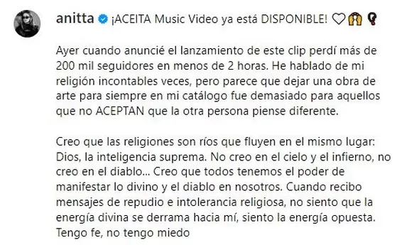 Anitta se pronunció tras haber perdido 200 mil seguidores a 2 horas de presentar su nueva canción 'Aceita'/Foto: Instagram