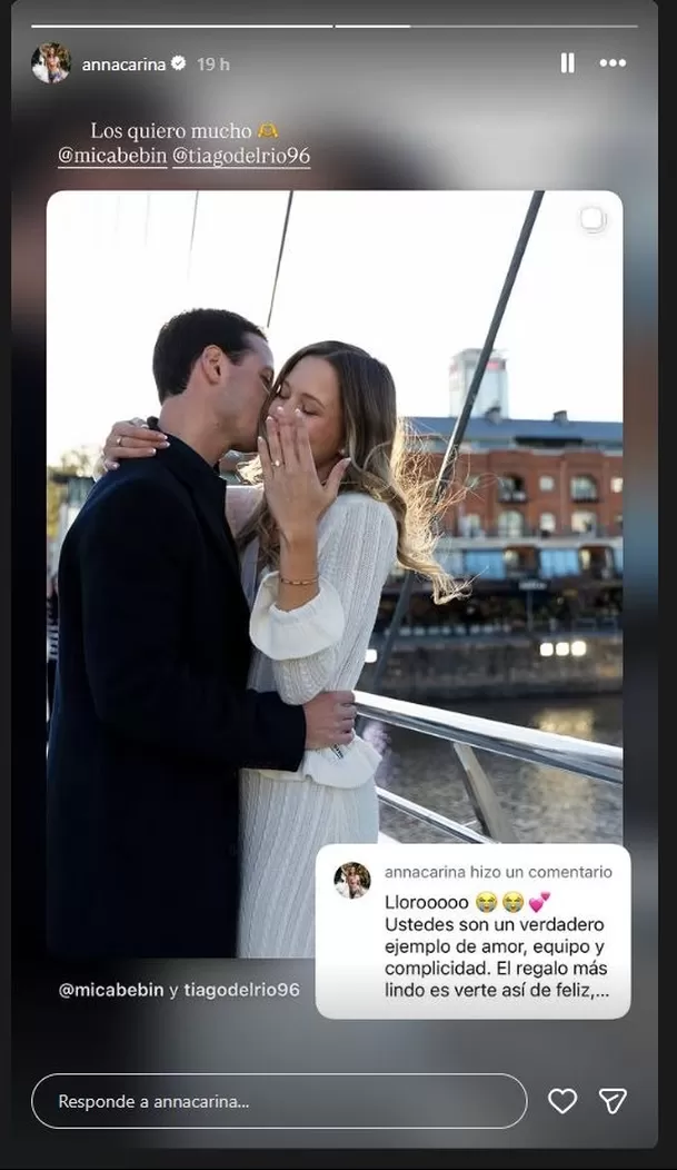 Micaela Bebin, hija mayor de Anna Carina Copello, anunció su compromiso con Tiago del Río a los 23 años y recibió una emotiva reacción de su mamá, quien no ocultó su felicidad al verla dar este importante paso. Foto: IG @micabebin