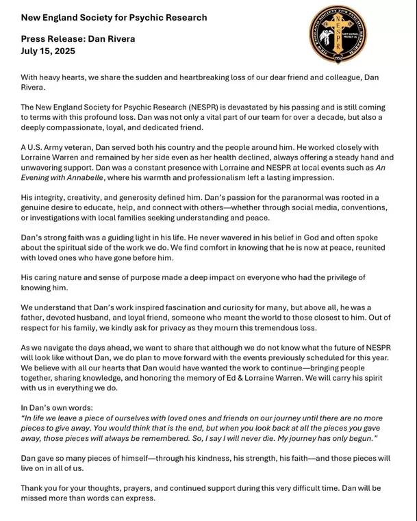 La Sociedad de Investigación Psíquica de Nueva Inglaterra (NESPR) confirmó la muerte de Dan Rivera el 14 de julio mediante un comunicado en Facebook