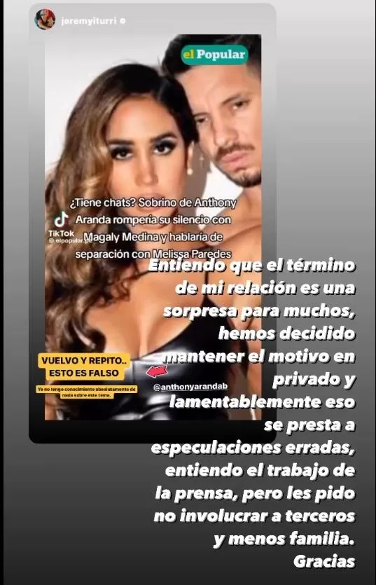 Anthony Aranda negó que su sobrino brinde declaraciones respecto a su ex relación sentimental con Melissa Paredes/foto: Instagram