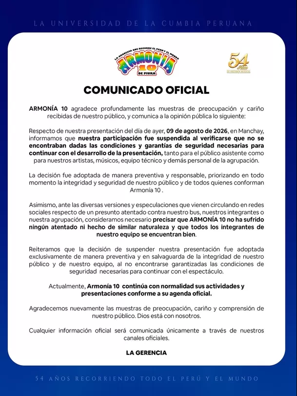 Armonía 10 niega atentado contra su voz y aclara suspensión de show / IG: @armonia10oficial Armonía 10 niega atentado contra su voz y aclara suspensión de show / IG: @armonia10oficial