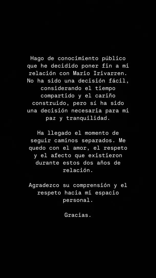 Mensaje de Onelia Molina tras anunciar su separación de Mario Irivarren / Instagram Mensaje de Onelia Molina tras anunciar su separación de Mario Irivarren / Instagram