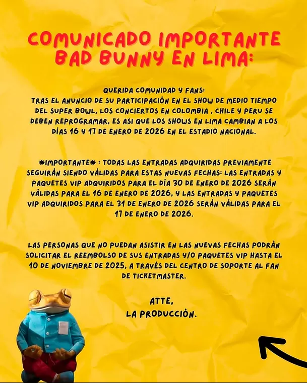 Cambio de fechas de los conciertos de Bad Bunny en Lima para el 2026 / Instagram