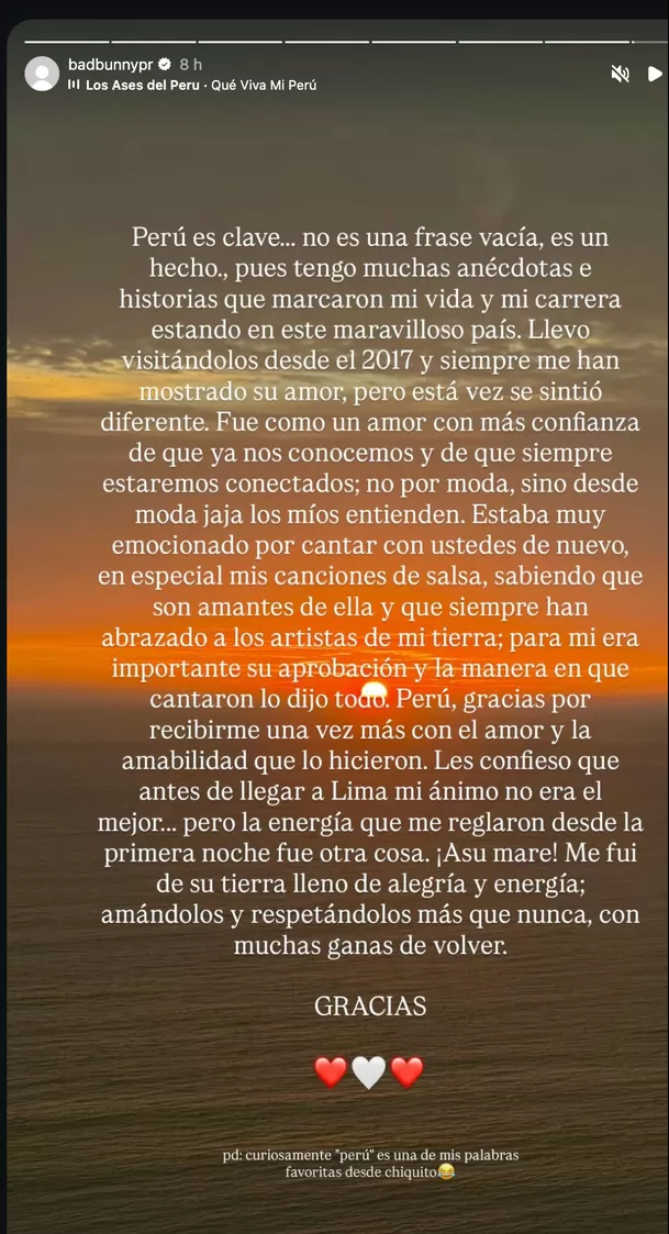 El 'Conejo Malo' compartió imágenes inéditas de su reciente visita, destacó la gastronomía local y agradeció la energía del público peruano El 'Conejo Malo' compartió imágenes inéditas de su reciente visita, destacó la gastronomía local y agradeció la energía del público peruano