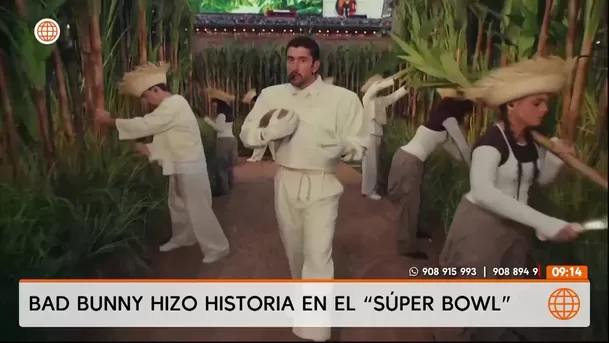 El puertorriqueño Bad Bunny protagonizó un espectáculo histórico en el Super Bowl LX con canciones en español y mensajes de unidad cultural. Foto: América TV