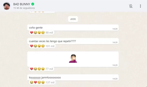 Bad Bunny mostró su incomodidad ante las críticas por el desplante a Maite Perroni y escribió estos mensajes en su canal de WhatsApp/ Foto: WhatsApp