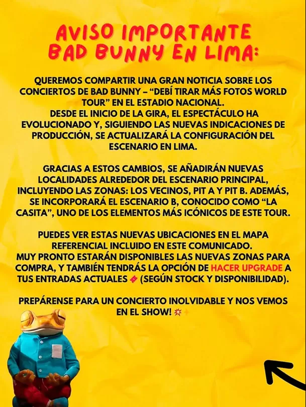 Comunicado de la productora encargada de los conciertos de Bad Bunny en Lima para el 2026 / Instagram