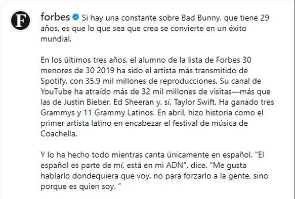 Esto es lo que opinan en la revista Forbes del cantante puertorriqueño Bad Bunny/Foto: Instagram