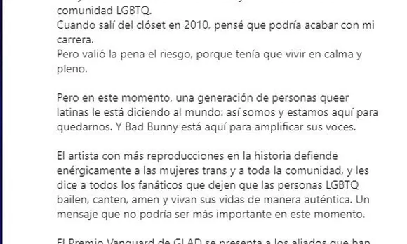 Bad Bunny recibirá premio honorífico de GLAAD por su activismo por