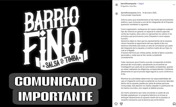 Comunicado de Barrio Fino tras escándalo de agresión de Bryan Torres / Instagram