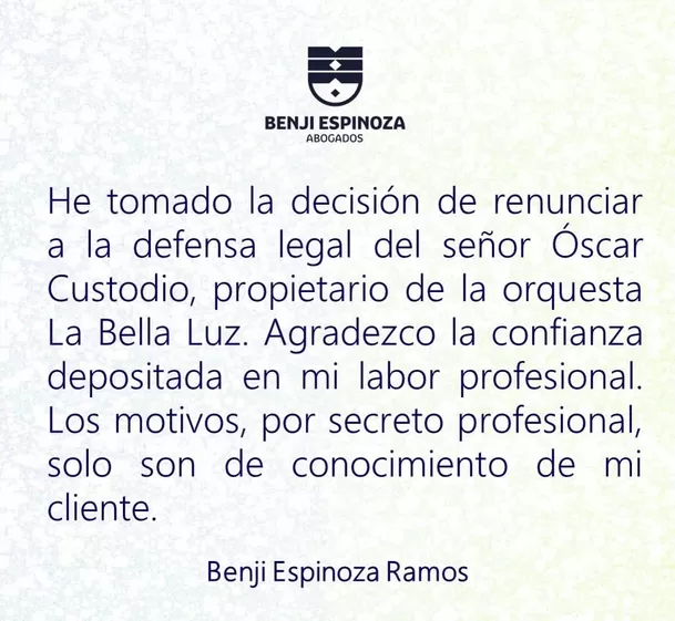 Abogado renunció a defensa de dueño de La Bella Luz / IG: @benji_espinoza_ramos