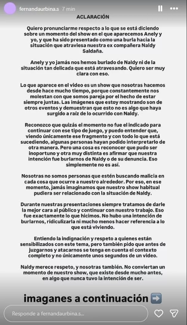 Fernanda Urbina niega burlas contra Naldy Saldaña en regreso de La Bella Luz a los escenarios / IG: @fernandaurbina.s Fernanda Urbina niega burlas contra Naldy Saldaña en regreso de La Bella Luz a los escenarios / IG: @fernandaurbina.s