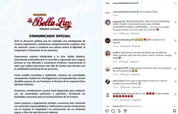 Comunicado de La Bella Luz tras denuncia de Naldy Saldaña contra César Sánchez Chavesta / IG: @orquestalabellaluzoficial Comunicado de La Bella Luz tras denuncia de Naldy Saldaña contra César Sánchez Chavesta / IG: @orquestalabellaluzoficial