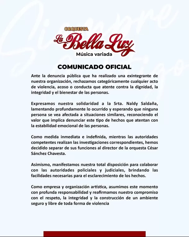 La Bella Luz se pronuncia tras denuncia que Naldy Saldaña hizo contra el director musical César Sánchez Chavesta /IG: @orquestalabellaluzoficial La Bella Luz se pronuncia tras denuncia que Naldy Saldaña hizo contra el director musical César Sánchez Chavesta /IG: @orquestalabellaluzoficial