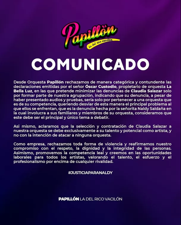 Con este pronunciamiento, Papillón se suma a las voces que cuestionan la respuesta de La Bella Luz tras las denuncias que involucran a integrantes y exintegrantes de la agrupación. Con este pronunciamiento, Papillón se suma a las voces que cuestionan la respuesta de La Bella Luz tras las denuncias que involucran a integrantes y exintegrantes de la agrupación.