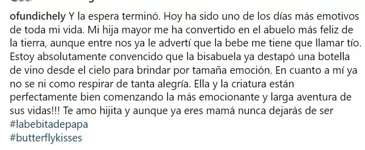 Orlando Fundichely le dedicó un emotivo mensaje a su hija Doris Fundichely por la llegada de su nieta/ Foto: Instagram