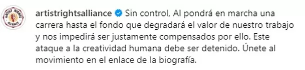 Pronunciamiento de artistas | Captura: Instagram Artist Rights Alliance
