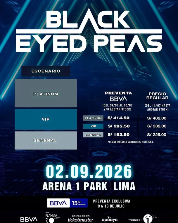 Precios de entradas para Black Eyed Peas en Lima 2026 / IG: @stageone_entertainment Precios de entradas para Black Eyed Peas en Lima 2026 / IG: @stageone_entertainment