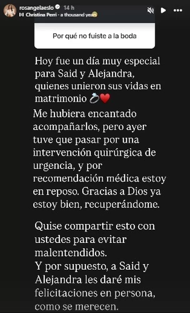 Rosángela Espinoza reveló por qué no asistió a boda de Alejandra Baigorria y Said Palao´. Fuente: Instagram Rosángela Espinoza reveló por qué no asistió a boda de Alejandra Baigorria y Said Palao´. Fuente: Instagram