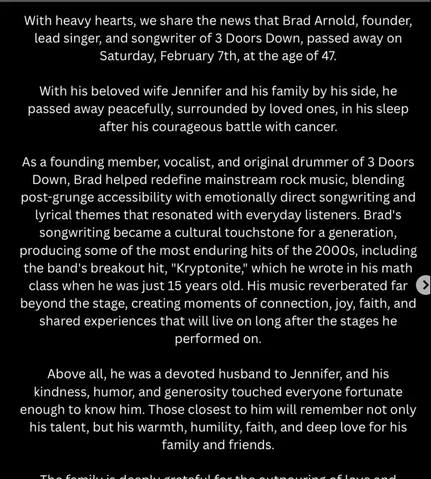 El vocalista principal de 3 Doors Down, Brad Arnold, falleció a los 47 años luego de luchar contra un cáncer renal en etapa avanzada. Foto: Instagram