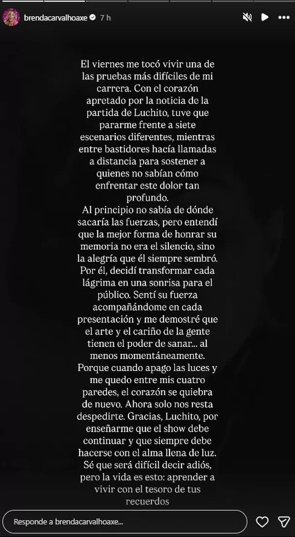 Brenda Carvalho dedicó un desgarrador mensaje al joven talento Foto: Instagram