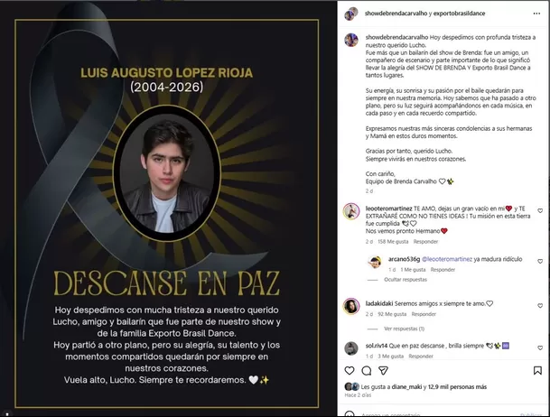 Brenda Carvalho dedicó un desgarrador mensaje al joven talento. Foto: Instagram
