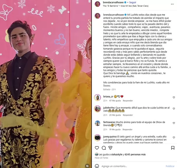 Brenda Carvalho dedicó un desgarrador mensaje al joven talento  Foto: Instagram